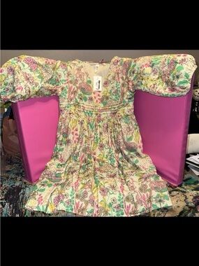 Uncle Frank Cream Floral Smocked Dress with Pink & Green Accents